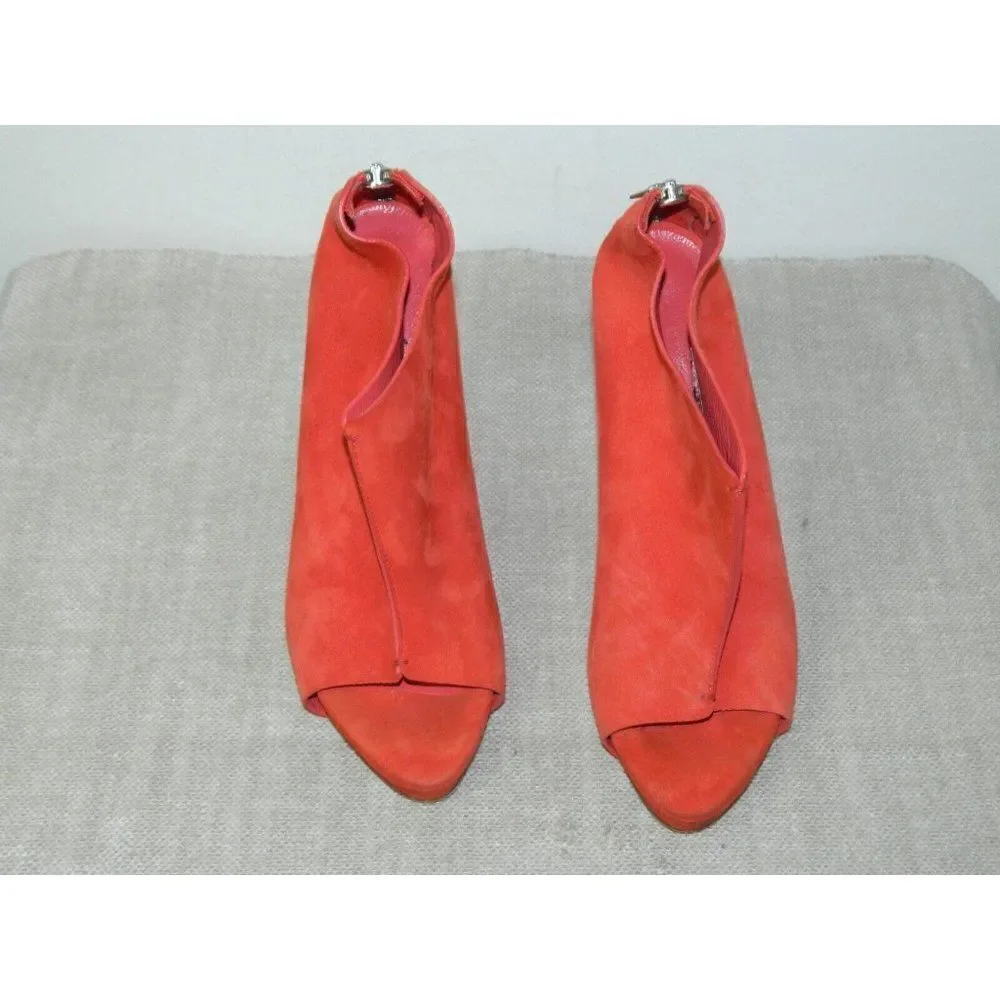 Jenni Kayne Booties Size 8 Orange Suede Cayenne Coral Open Toe‎ Zip Back Wedge